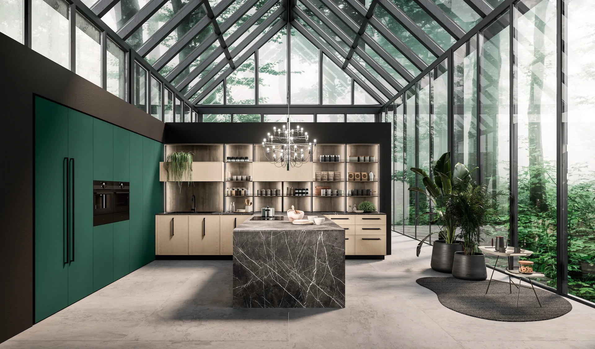 ARAN Italian kitchen with island cabinetry and coordinated finishes