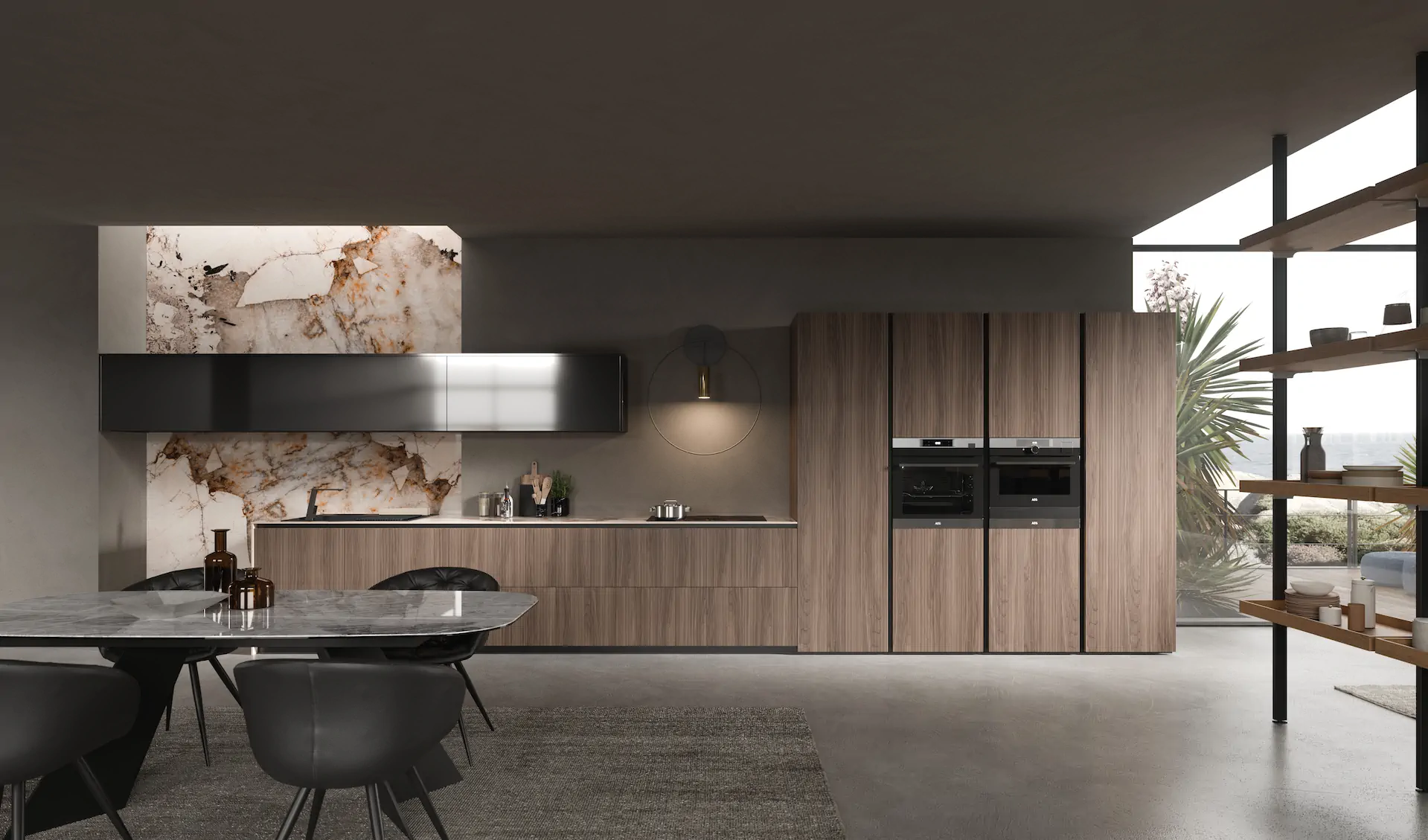 ARAN Cucine Italian kitchen with island cabinetry, integrated appliances, open shelving, and coordinated finishes