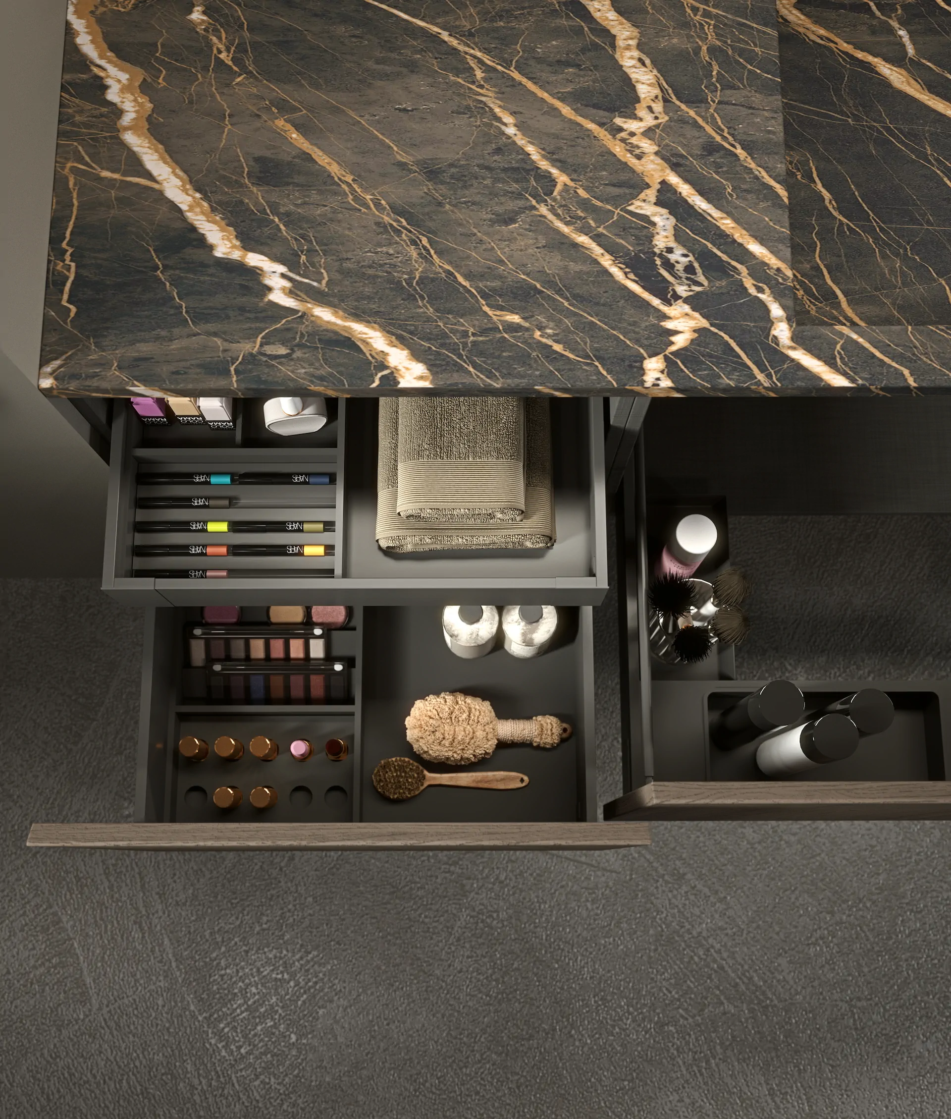 ARAN bathroom storage with drawers shelves and organized vanity cabinetry