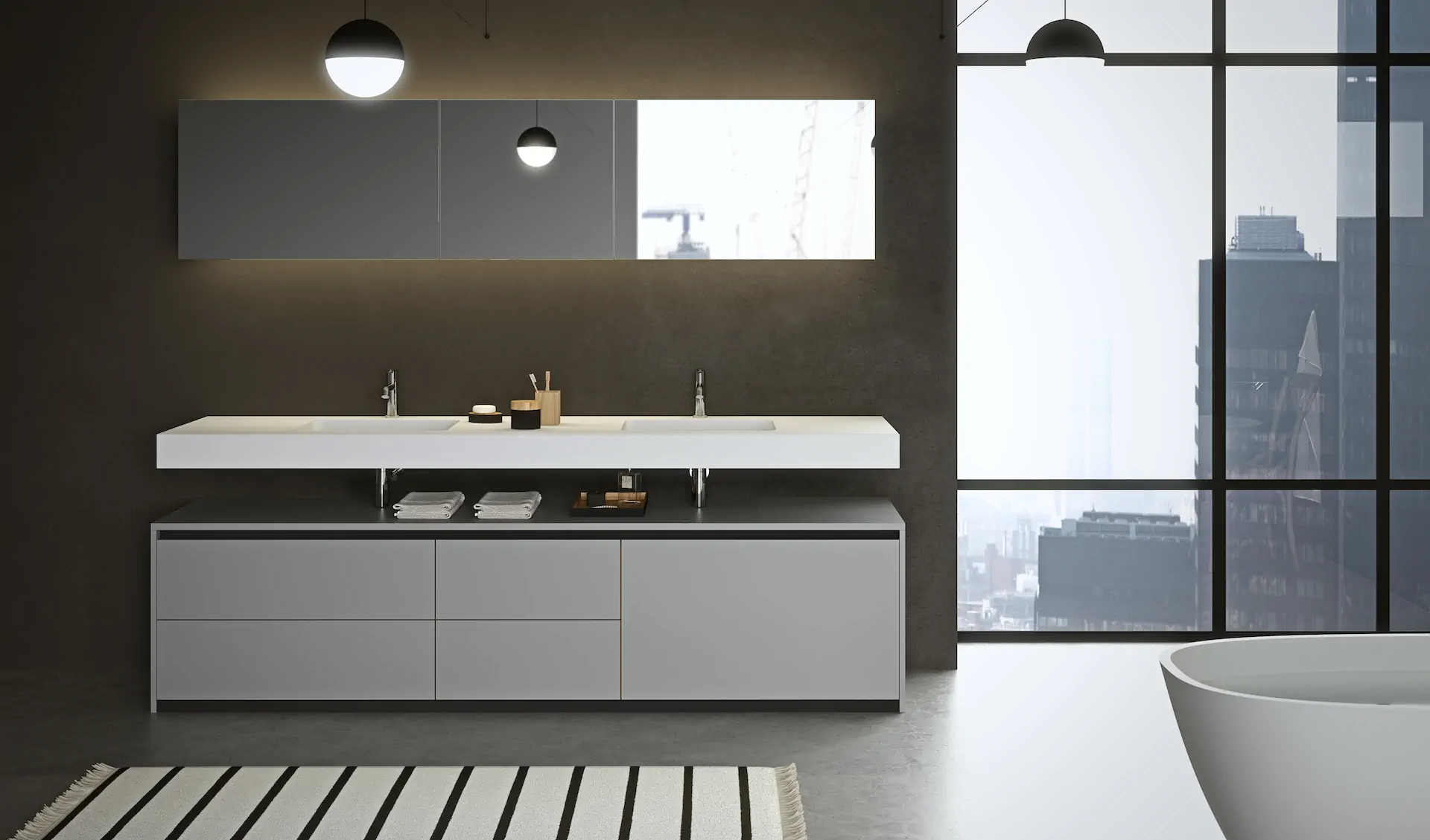 ARAN bathroom vanity with cabinet fronts drawers and integrated counter surface