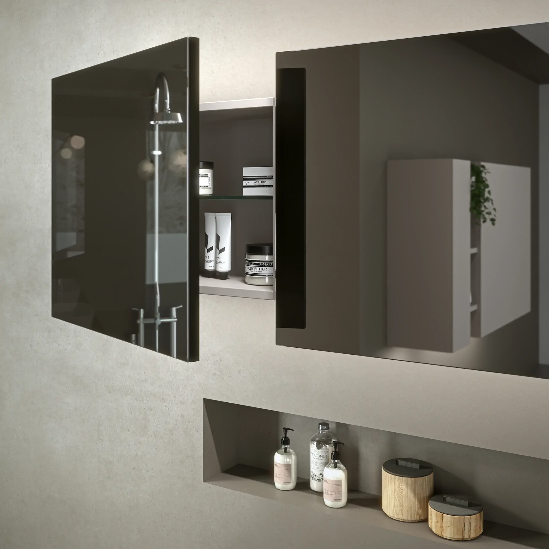 ARAN bathroom vanity area with mirror lighting wall finish and coordinated surfaces