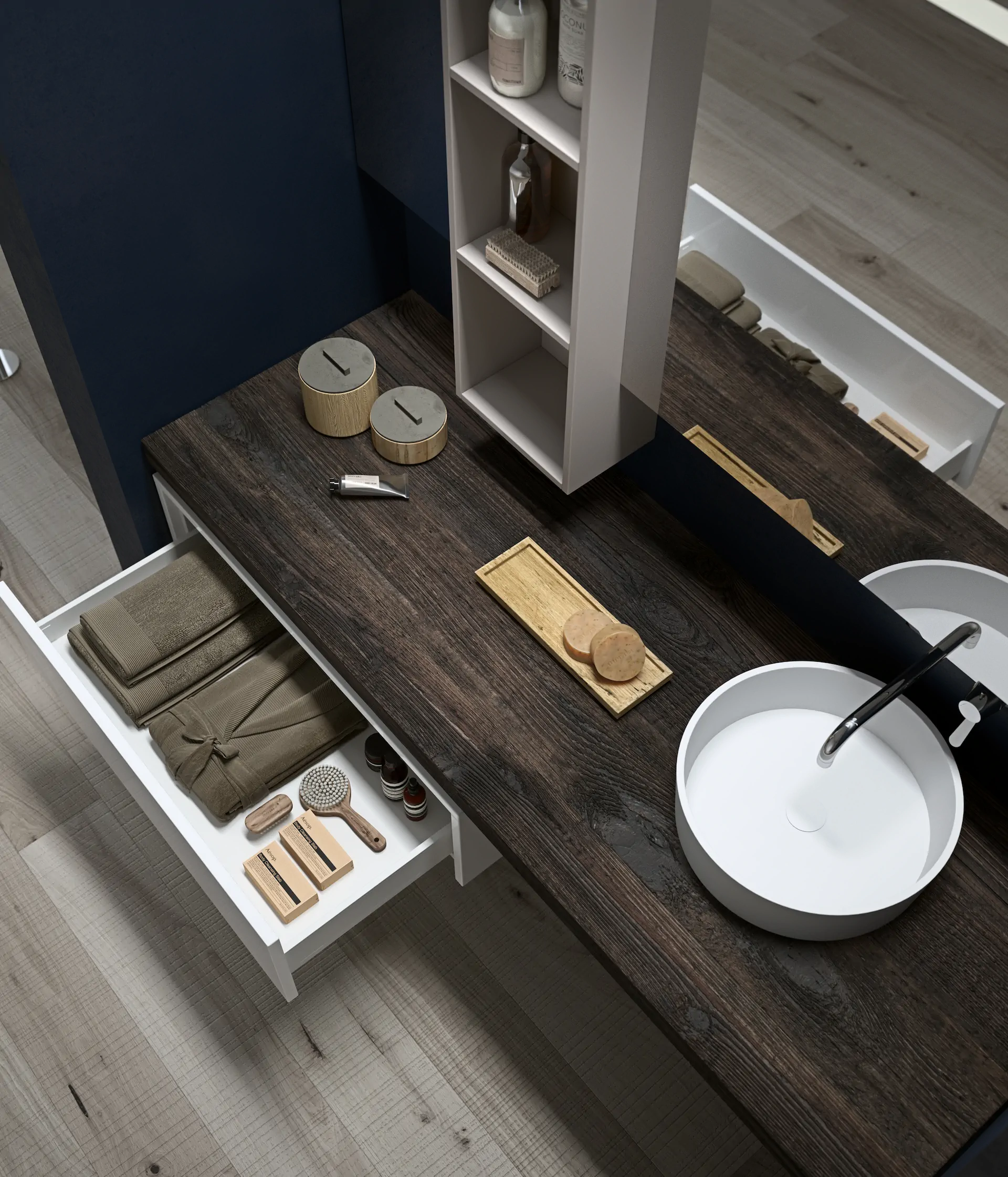 ARAN Italian bathroom vanity with drawers, countertop, mirror, and coordinated storage