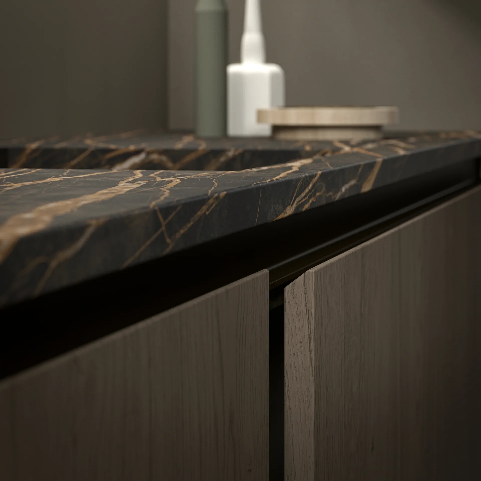ARAN cabinetry finish samples with wood, lacquer, glass, porcelain, laminate, and technical surfaces