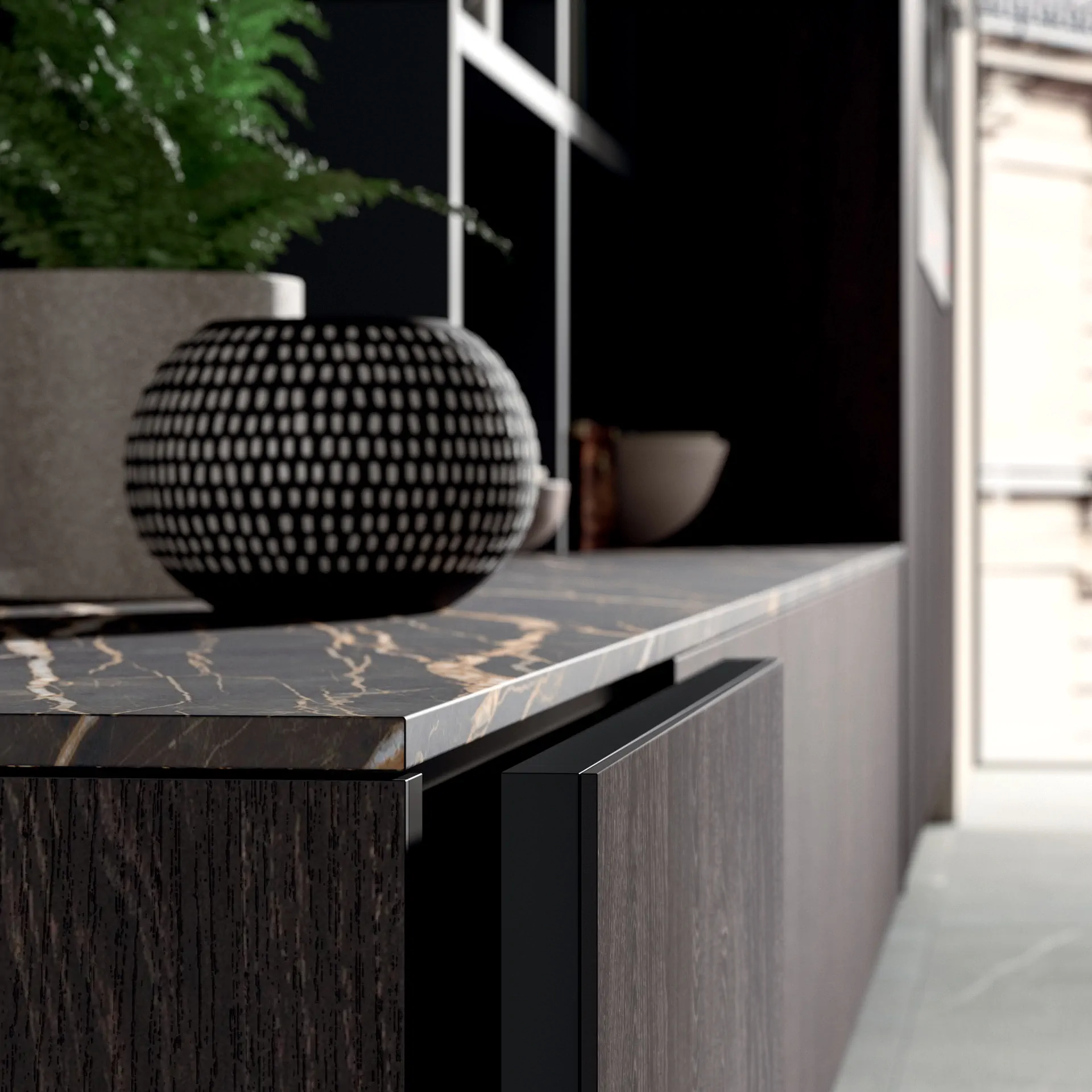 ARAN kitchen detail showing cabinet fronts, worktop material, storage, and appliance integration