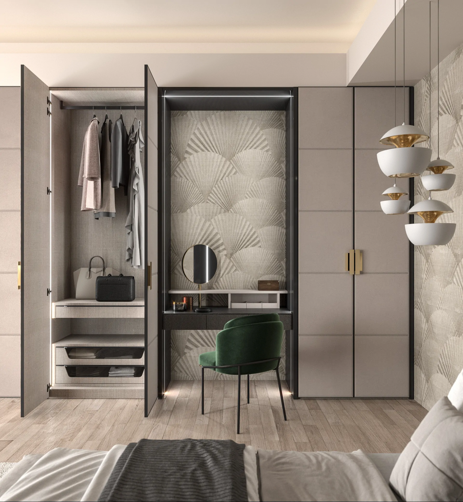 ARAN wardrobe detail with glass door finish drawer storage and interior lighting