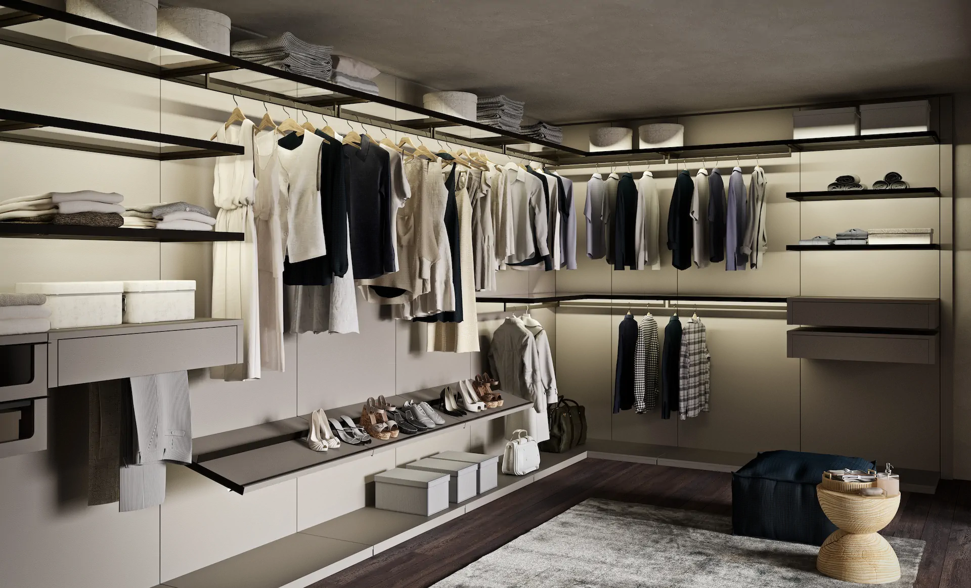 ARAN walk-in closet with open shelving hanging space and organized storage