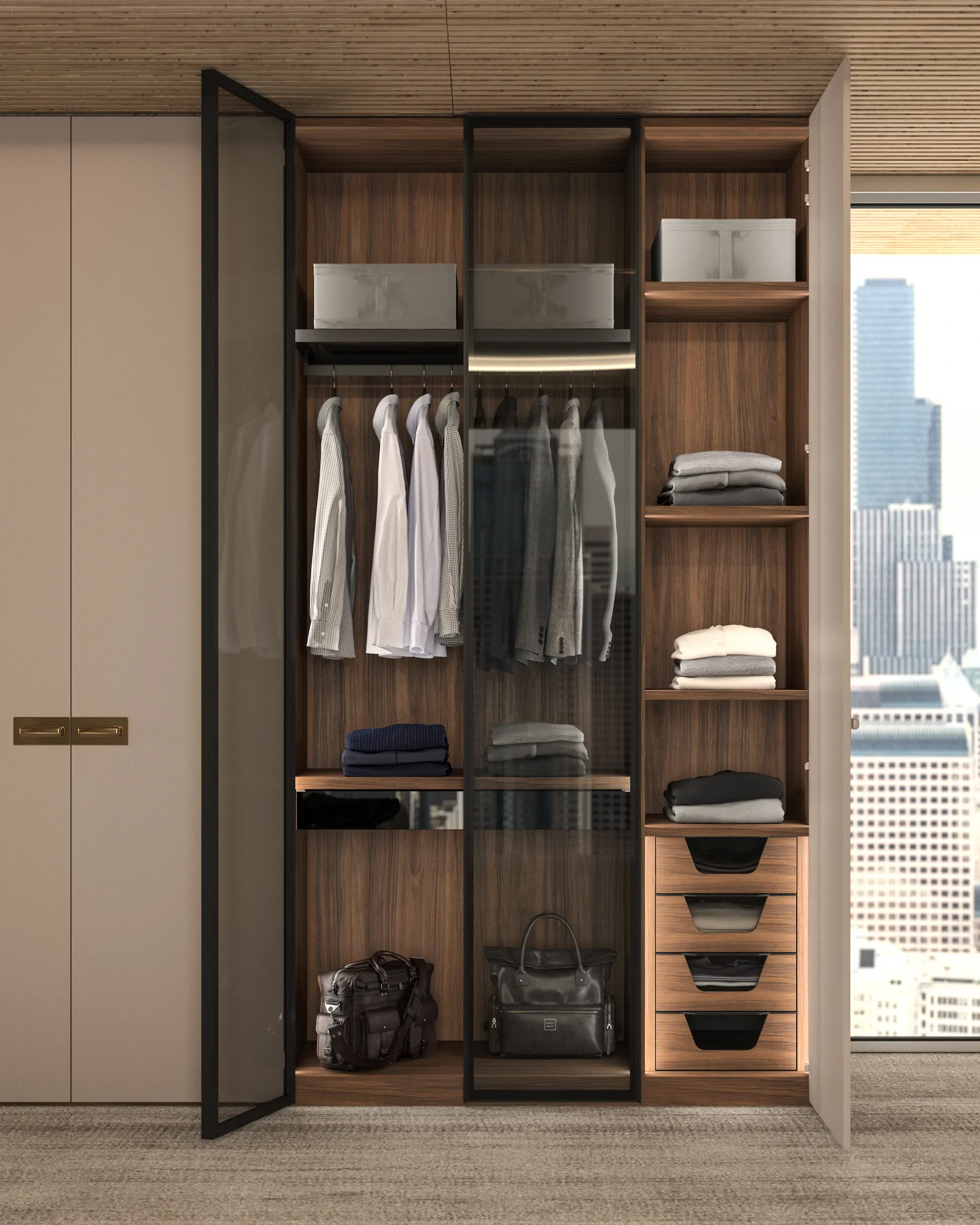 ARAN wardrobe interior with hanging space, shelving, drawers, and organized closet storage