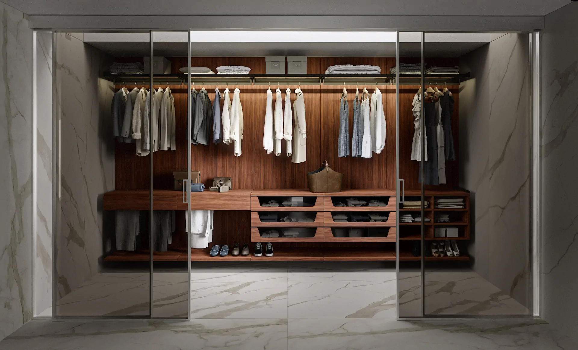 ARAN wardrobe system with walk-in closet storage, glass doors, shelves, and integrated organization