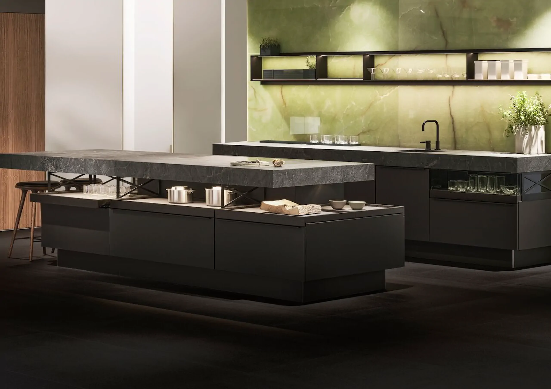 Poggenpohl +MODO kitchen detail showing material contrast between worktop, cabinetry, and open shelving