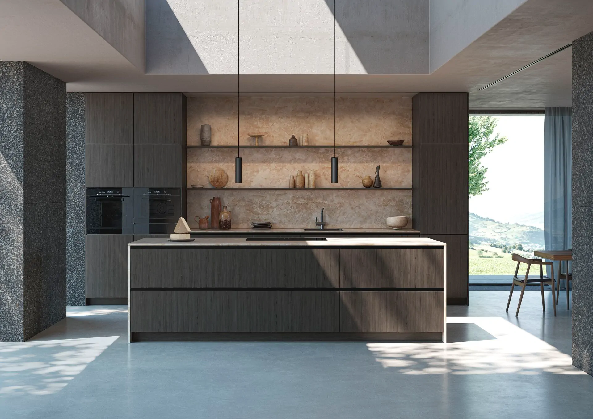Poggenpohl +SEGMENTO kitchen with handleless cabinetry, thin worktop, and calm architectural surfaces