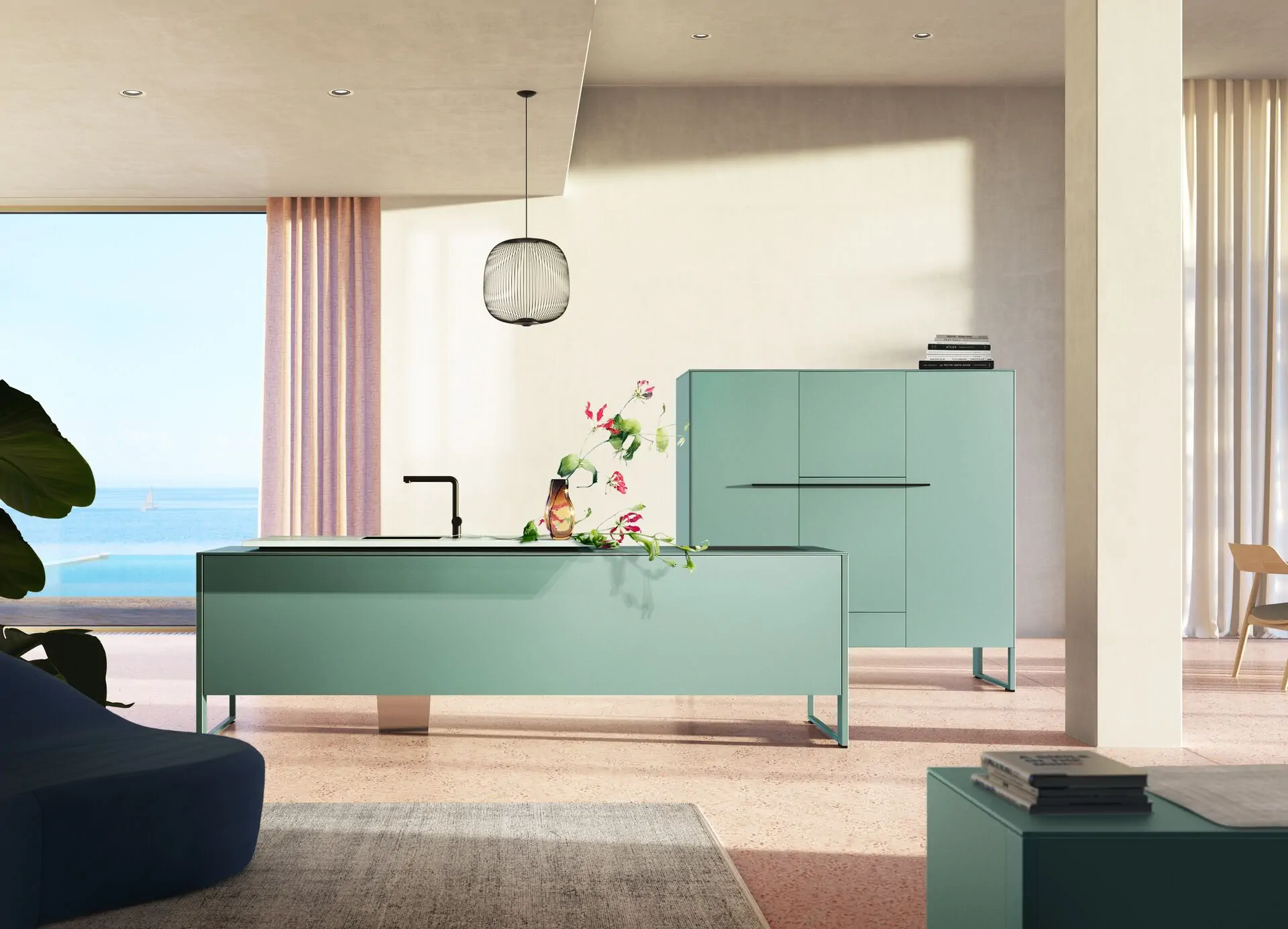 Poggenpohl +VENOVO kitchen showing side frames, lifted cabinetry, and free-positioned island elements
