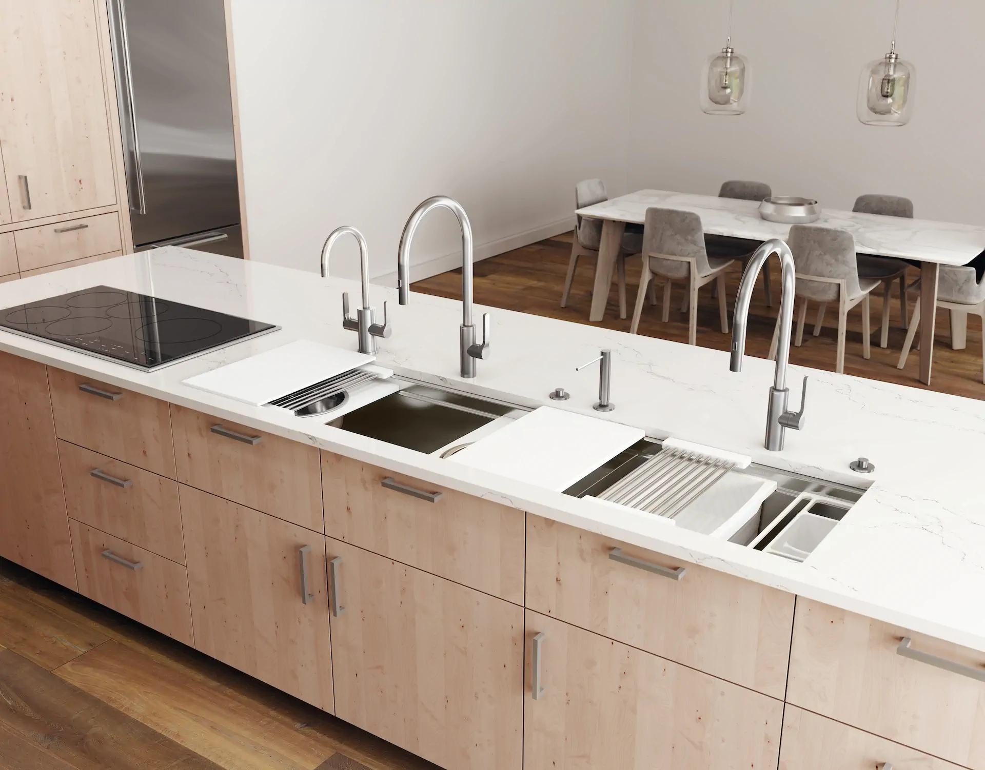 The Galley Workstation integrated into a complete kitchen with cabinetry, countertop, and tap placement