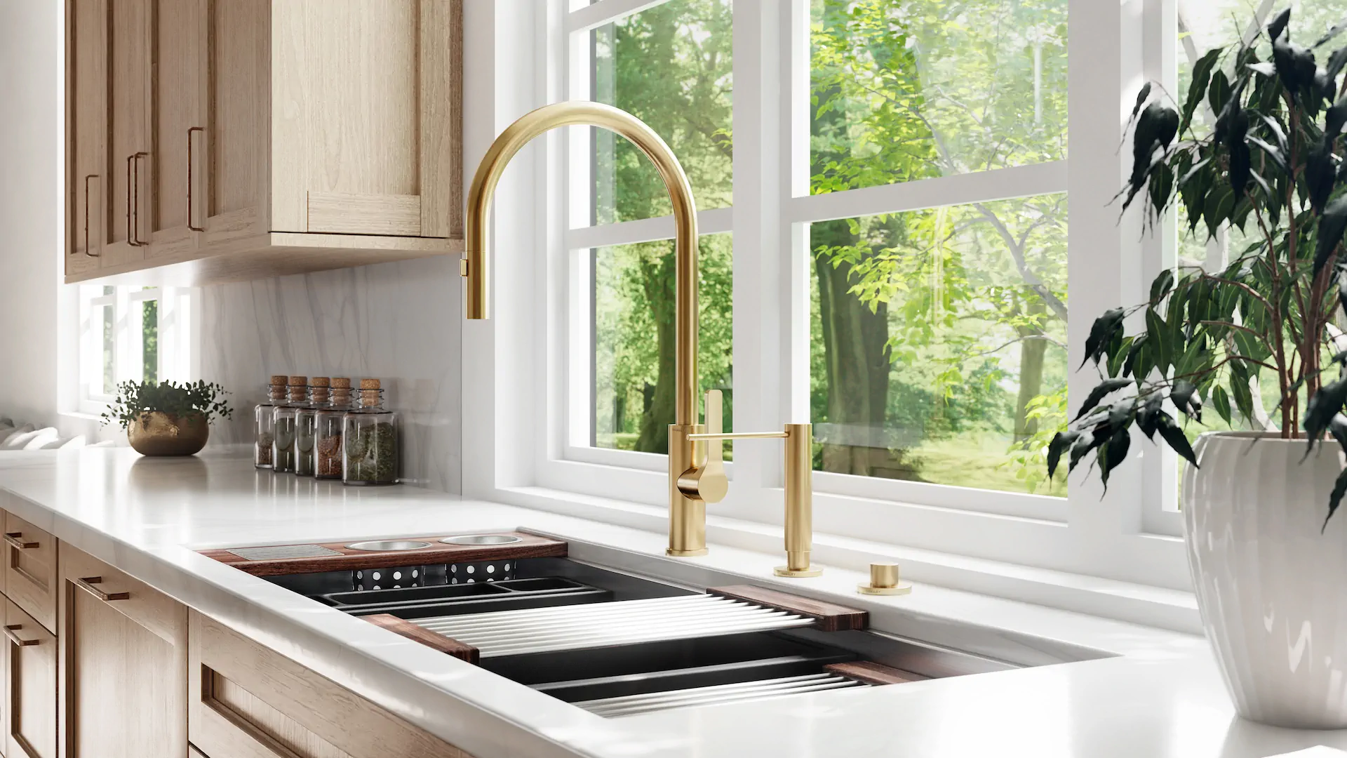 The Galley Workstation installed in a perimeter kitchen counter with faucet and accessories